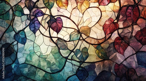 Ornate intertwining vines, stained glass reflections, soft watercolor texture, deep gemstone colors.