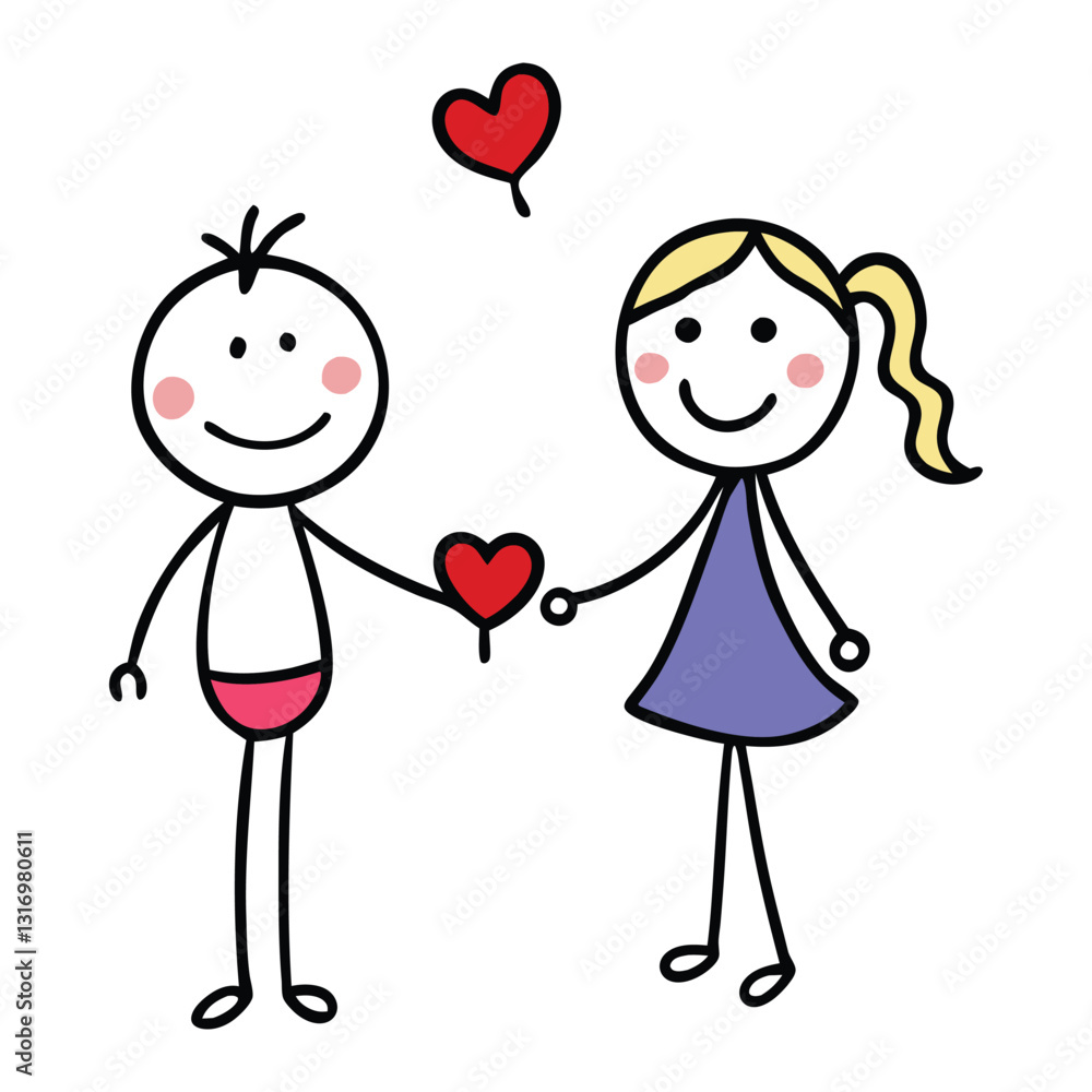 A cute stick-figure boy and girl holding hands, surrounded by floating hearts, symbolizing love and friendship in a simple, charming, and heartwarming design.