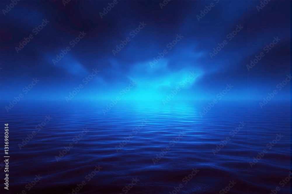 Blue ocean under night sky with glowing light. Blue ocean under night sky with glowing light.
