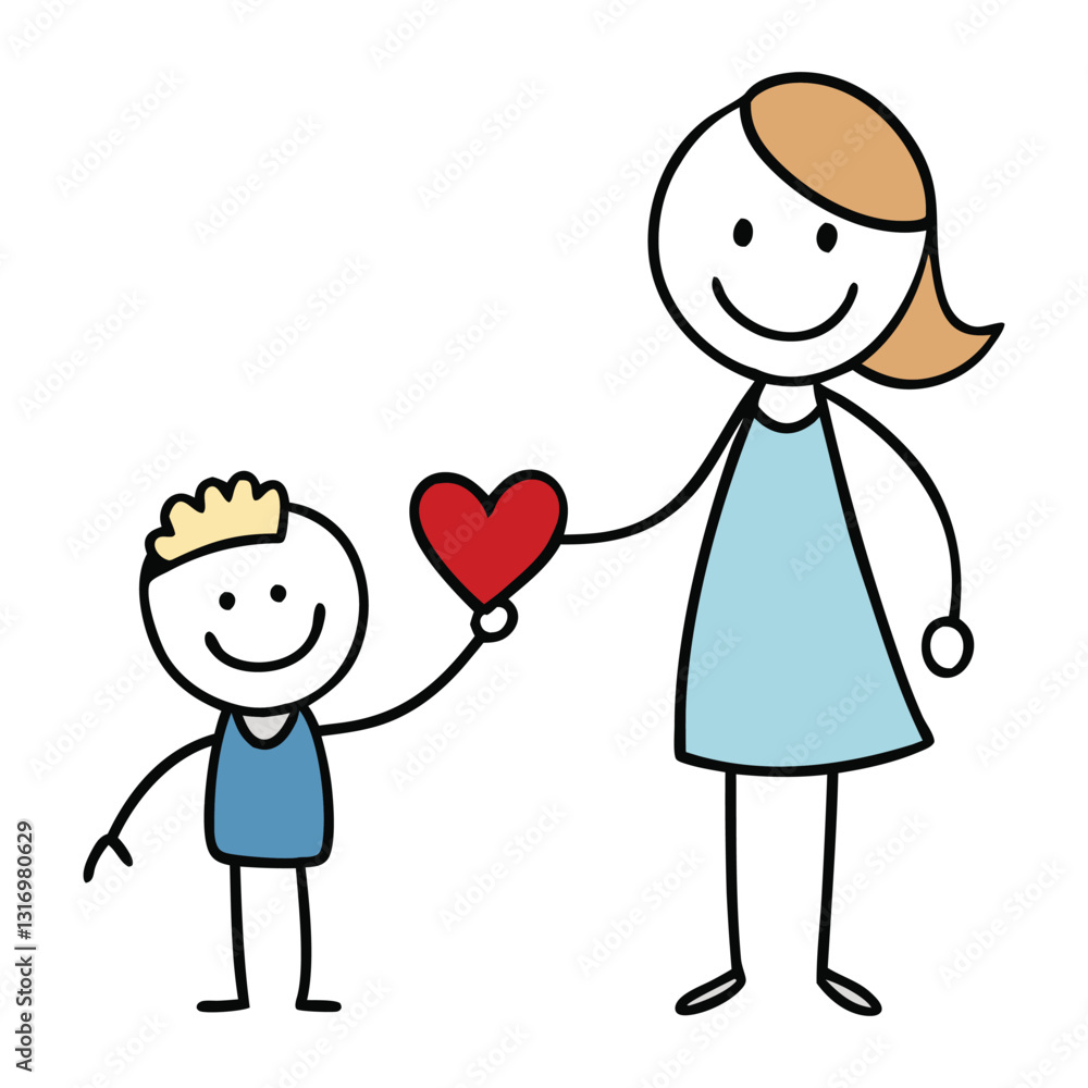A heartwarming stick-figure family scene with a boy lovingly giving a heart to his mother, symbolizing love and affection in a simple, adorable gesture of family bond. A heartwarming stick-figure family scene with a boy lovingly giving a heart to his mother, symbolizing love and affection in a simple, adorable gesture of family bond.
