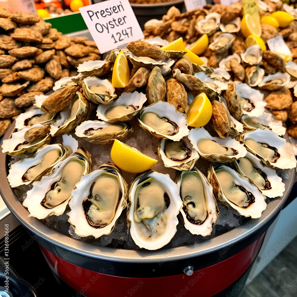 Fresh oysters on display with ice and lemon slices for sale at local market Fresh oysters on display with ice and lemon slices for sale at local market
