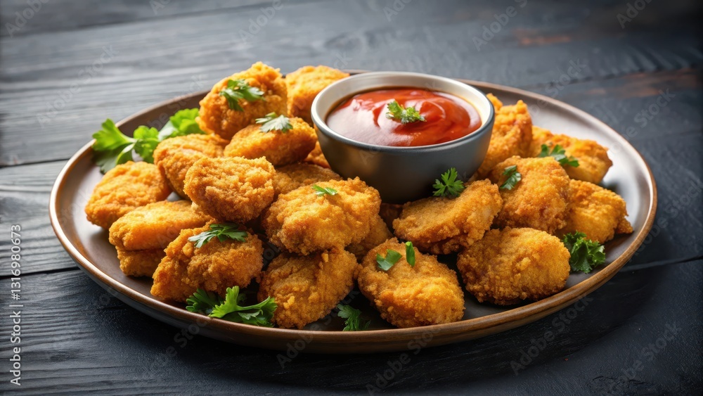 Crispy fried chicken nuggets on a plate with dipping sauce, meal, food, meal Crispy fried chicken nuggets on a plate with dipping sauce, meal, food, meal