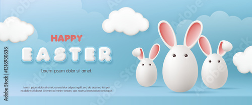Happy Easter day greeting card and banner template. White egg with bunny ears on a blue background. Cute rabbit. Social media sale promotion poster, wallpaper. Vector