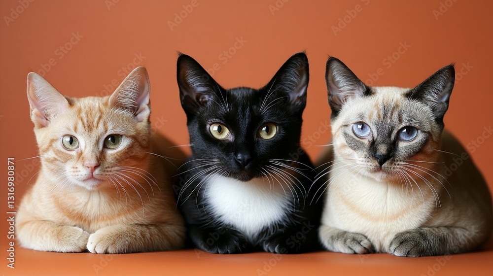 Cats posing together, an adorable trio with varied fur colors, creating a heartwarming scene ideal for pet lovers and feline enthusiasts, against a warm orange background. Cats posing together, an adorable trio with varied fur colors, creating a heartwarming scene ideal for pet lovers and feline enthusiasts, against a warm orange background.