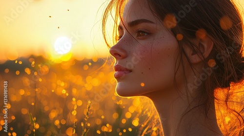 Woman in golden sunset field