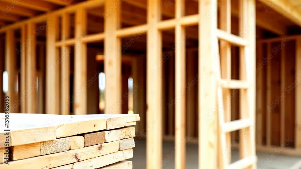 Stacks of wooden planks are depicted in the foreground. A building structure made of wooden beams and uprights is visible in the background, which may indicate the construction of a building or a hous Stacks of wooden planks are depicted in the foreground. A building structure made of wooden beams and uprights is visible in the background, which may indicate the construction of a building or a hous
