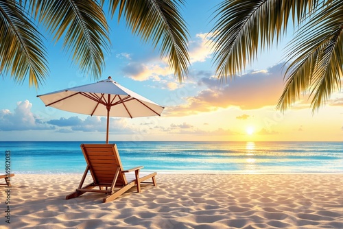 Fototapeta Naklejka Na Ścianę i Meble -  Beach chair with umbrella under palm trees at sunset.