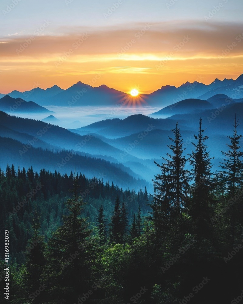 Obraz premium Majestic mountain range silhouette at sunset with vibrant sky and layered blue ridges and misty valley below evergreen forest