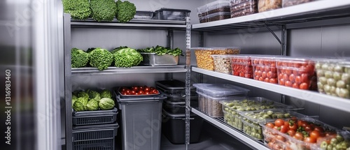 Fresh produce and ingredients organized on shelves in a commercial kitchen walk in refrigerator storage for restaurant use