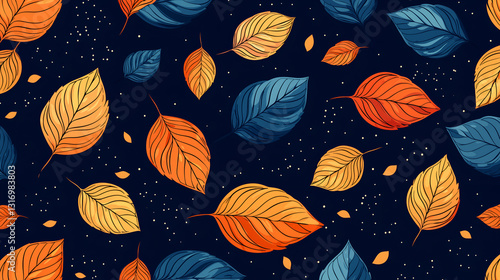 A vibrant pattern of colorful autumn leaves floating against a dark background, showcasing shades of orange, yellow, and blue.