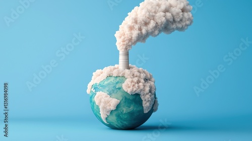 Earth with Smoky Factory Emitting Clouds on Blue Background