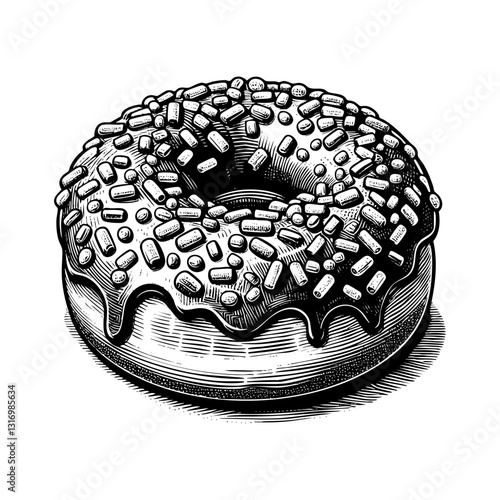 chocolate doughnut engraving sketch engraving black and white outline. Scratch board imitation.  illustrated in vintage line art style on a white background.

