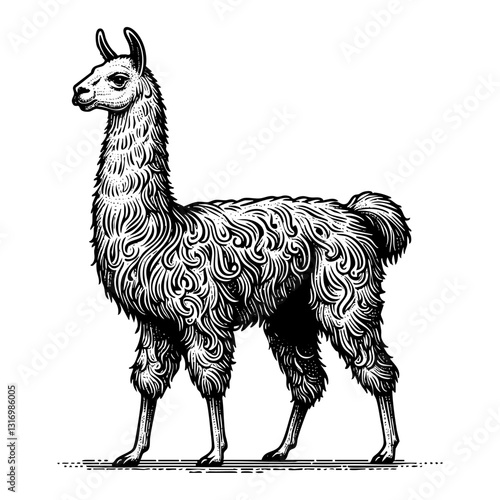 Llama sketch engraving black and white outline. Scratch board imitation.  illustrated in vintage line art style on a white background.
