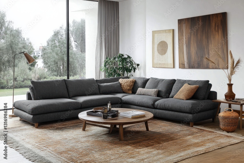 Modern sectional sofa in gray fabric, living room with large windows, wooden coffee table, rug, and wall art. Modern sectional sofa in gray fabric, living room with large windows, wooden coffee table, rug, and wall art.