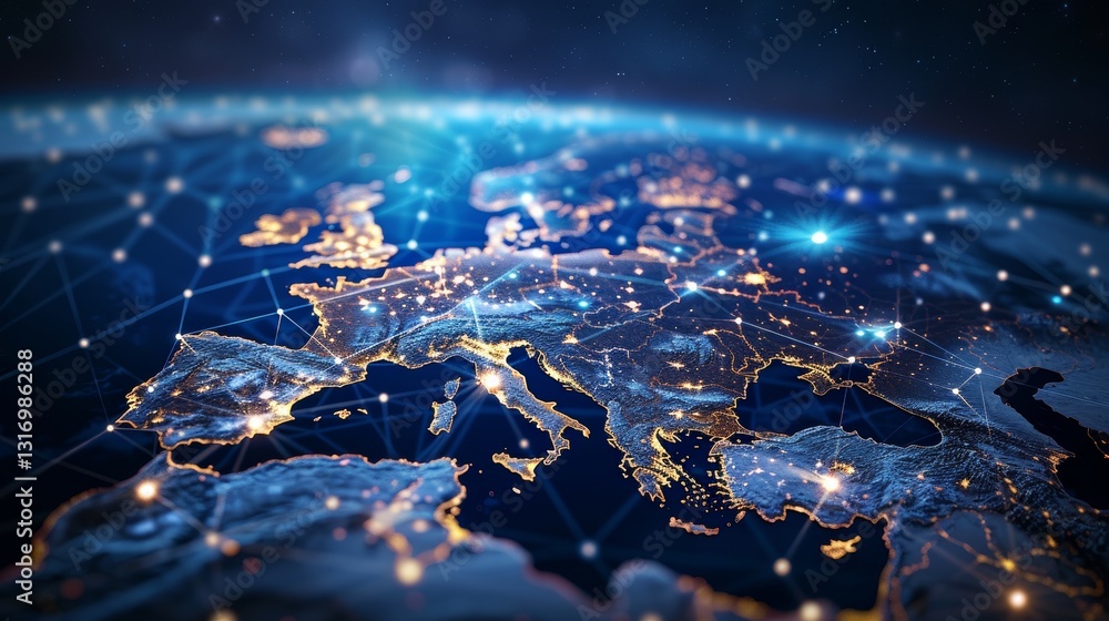 Fototapeta premium Abstract Digital Representation of Europe with Global Network Connections and Data Transfer Representing Worldwide Connectivity