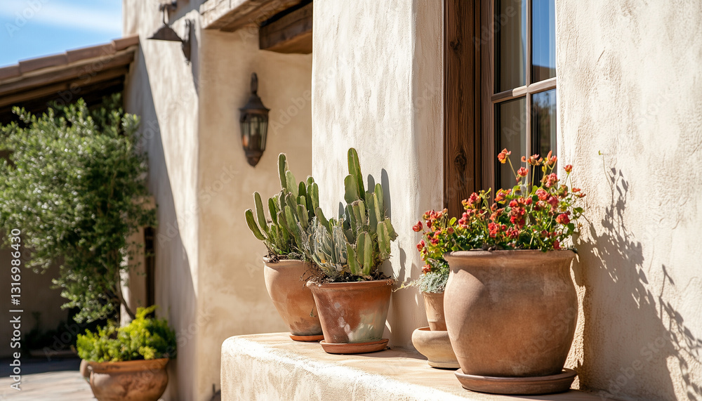 Details of a silicone finish synthetic stucco home exterior wall with plants in terracotta pots. Details of a silicone finish synthetic stucco home exterior wall with plants in terracotta pots.