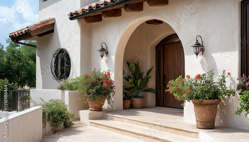 Details of a wooden door in a silicone finish synthetic stucco home exterior wall with plants in terracotta pots.