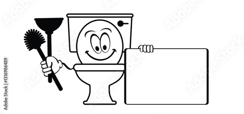 Cartoon wc, toilet mascot with toilets plunger and toilet brush. World toilet day. Please keep toilet clean. Toilets seat with no happy face. WC clean icon or pictogram. Cleaning.