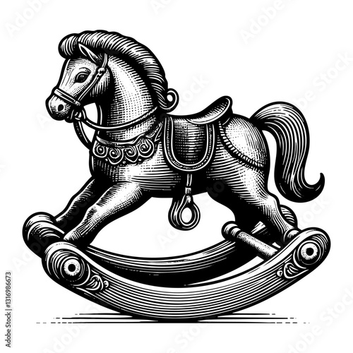 Wooden rocking horse toy sketch engraving black and white outline. Scratch board imitation.  illustrated in vintage line art style on a white background.
