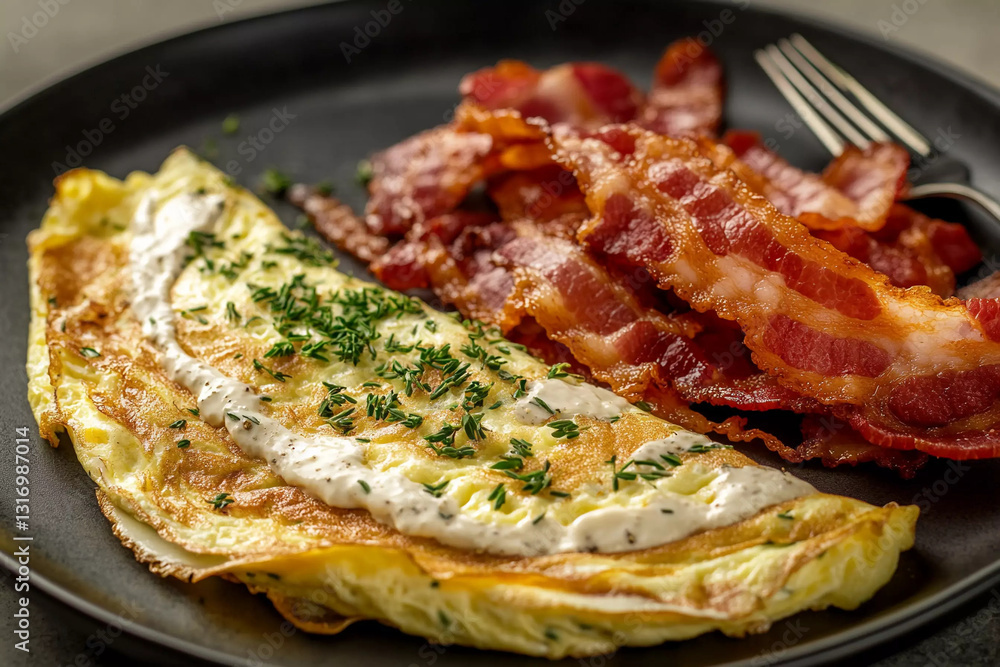 Fluffy omelet topped with herbs and served alongside crispy bacon on a black plate Fluffy omelet topped with herbs and served alongside crispy bacon on a black plate