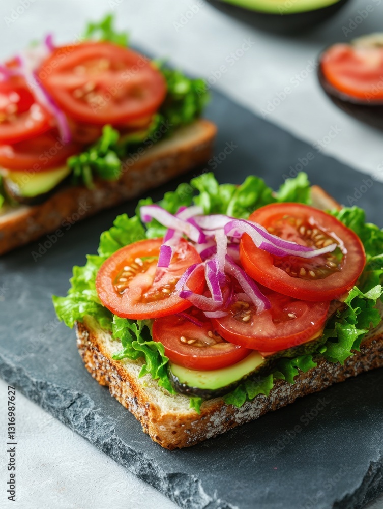 Delicious open faced sandwich with fresh avocado lettuce tomato and onion on dark slate background healthy eating concept Delicious open faced sandwich with fresh avocado lettuce tomato and onion on dark slate background healthy eating concept