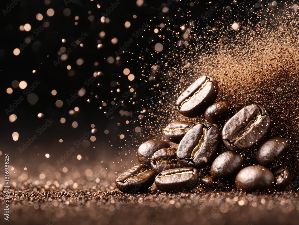 Coffee beans in mid-air with dynamic motion and dramatic lighting Coffee beans in mid-air with dynamic motion and dramatic lighting