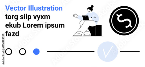 Woman seated, working on a laptop, currency icon, progress indicator, and text elements. Ideal for finance, productivity, apps, digital content business reviews online services educational tools