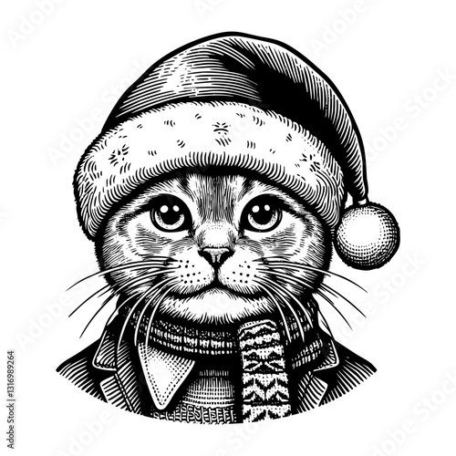 Cat wear Santa hat sketch engraving black and white outline. Scratch board imitation.
