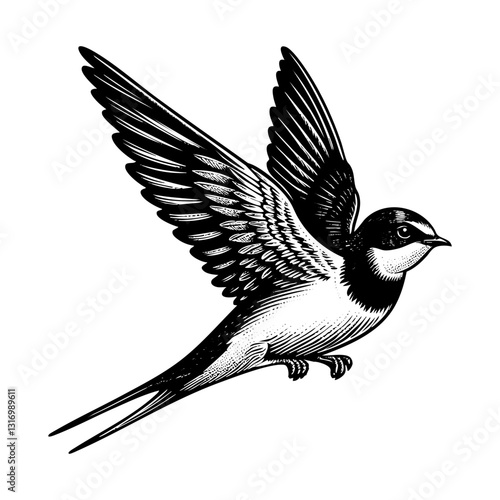 Swallow bird flying engraving black and white outline. Scratch board imitation. illustrated in vintage line art style on a white background.
