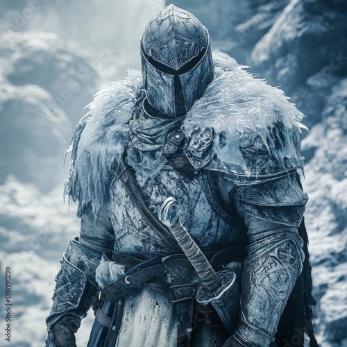 Medieval warrior in icy landscape photo