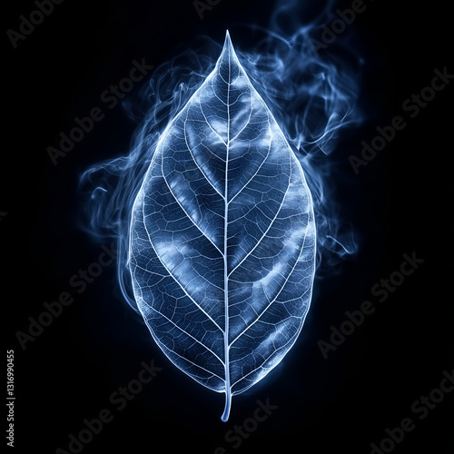 A glowing blue leaf surrounded by wisps of smoke, symbolizing nature and transformation in a dark background.