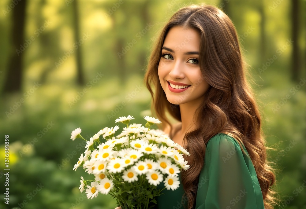 A young woman with long brown hair and a green dress holding a bouquet of white flowers. A young woman with long brown hair and a green dress holding a bouquet of white flowers.