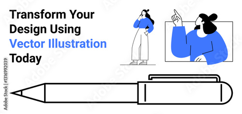 Woman thinking, presenting creative ideas alongside a pen tool. Ideal for design, innovation, creativity, education, art, branding marketing. Perfect flat landing page banner