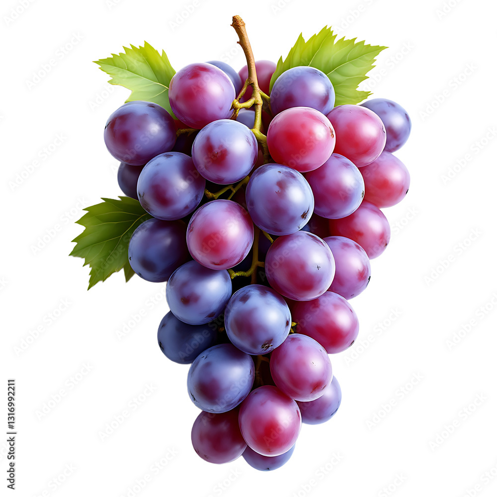 Fototapeta premium Fresh bunch of purple and green grapes with delicate bloom on skin, high-resolution food photography on white background