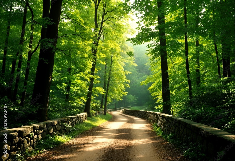 Obraz premium A serene forest path lined with stone walls and trees.