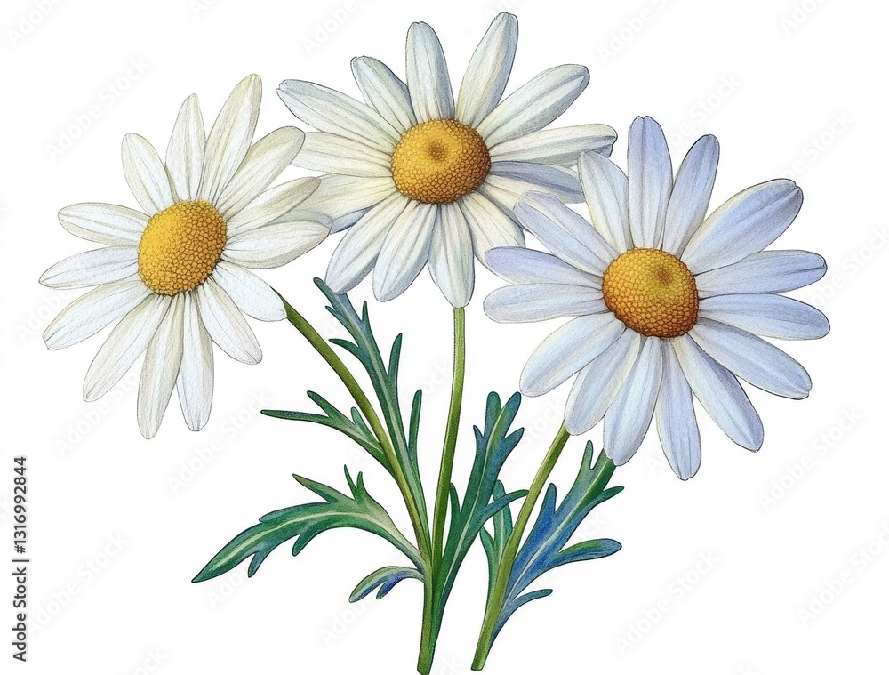 Fototapeta premium Three Charming White Daisies with Yellow Centers and Green Leaves