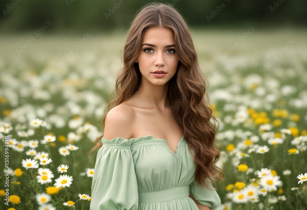 A young woman with long brown hair and a green dress standing in a field of white and yellow flowers. A young woman with long brown hair and a green dress standing in a field of white and yellow flowers.
