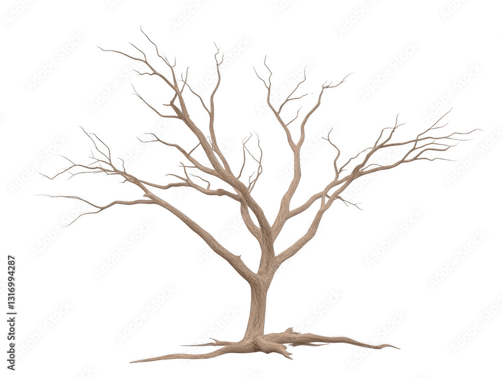 Fototapeta premium A tree with no leaves is shown in a white background. The tree is bare and has no leaves, giving it a desolate and lonely appearance