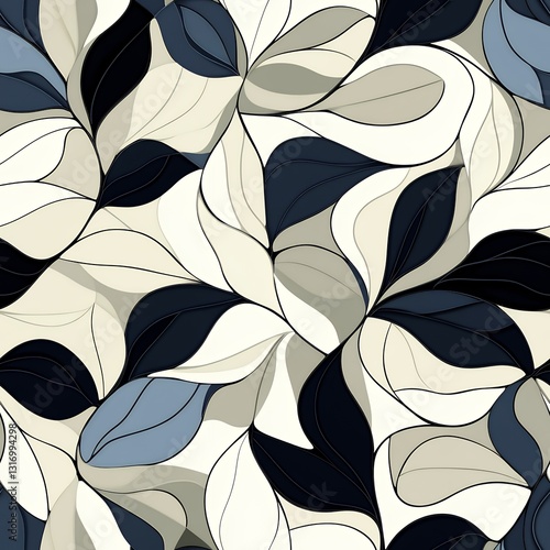 Abstract Beige Gray Black Swirling Leaf Pattern