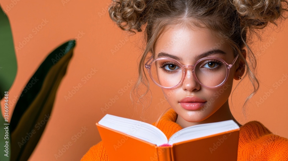 Girl in Glasses Reading Book with an Orange Cover Against a Solid Orange Background Girl in Glasses Reading Book with an Orange Cover Against a Solid Orange Background