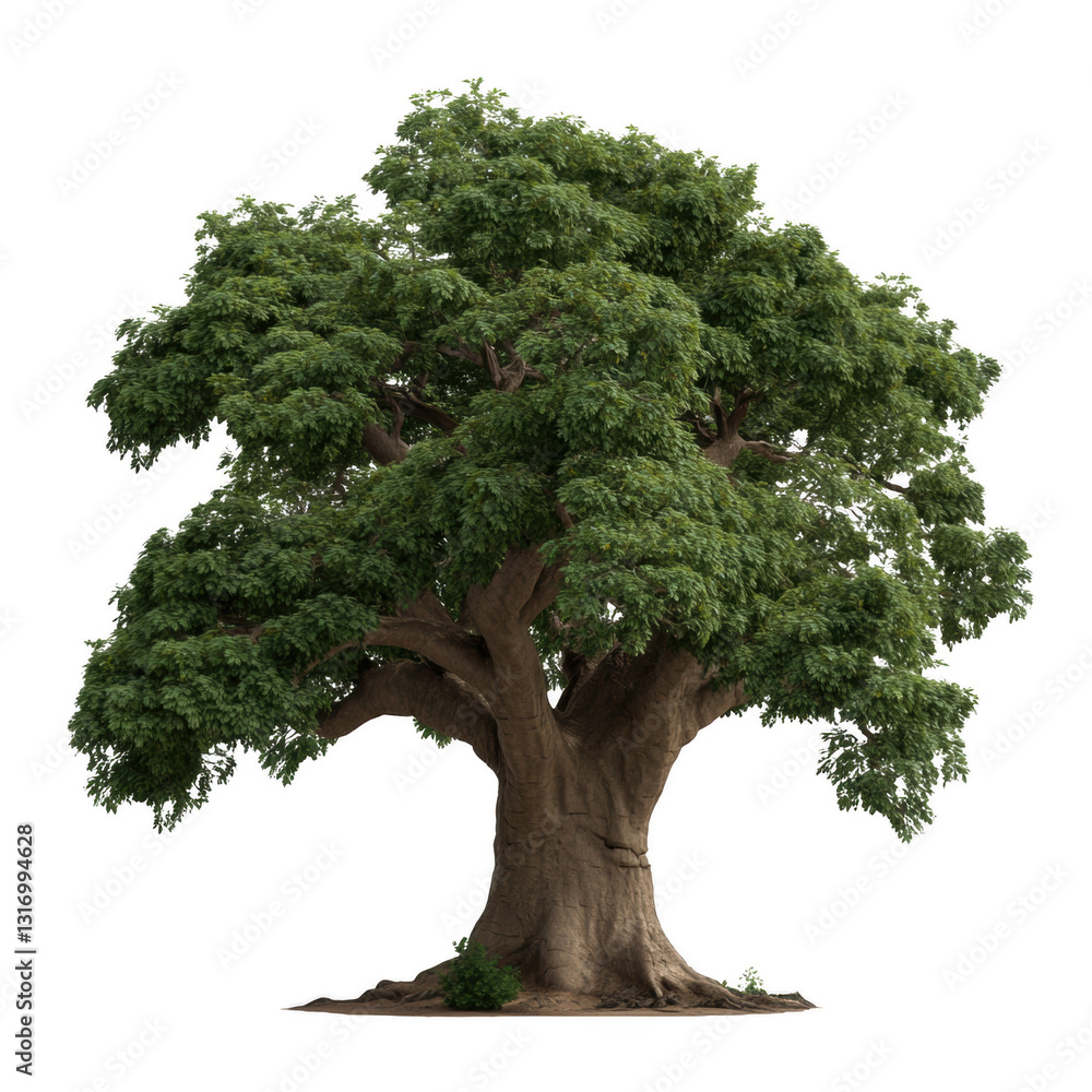Fototapeta premium A large tree with green leaves and a brown trunk. The tree is the main focus of the image and it is the only object in the scene. The tree is surrounded by a white background