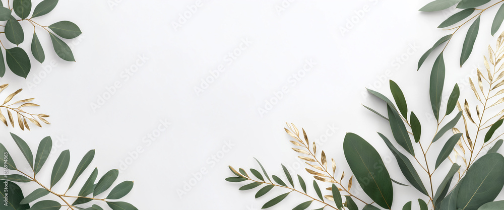 Fototapeta premium Botanical Frame with Green and Gold Leaves on White Background