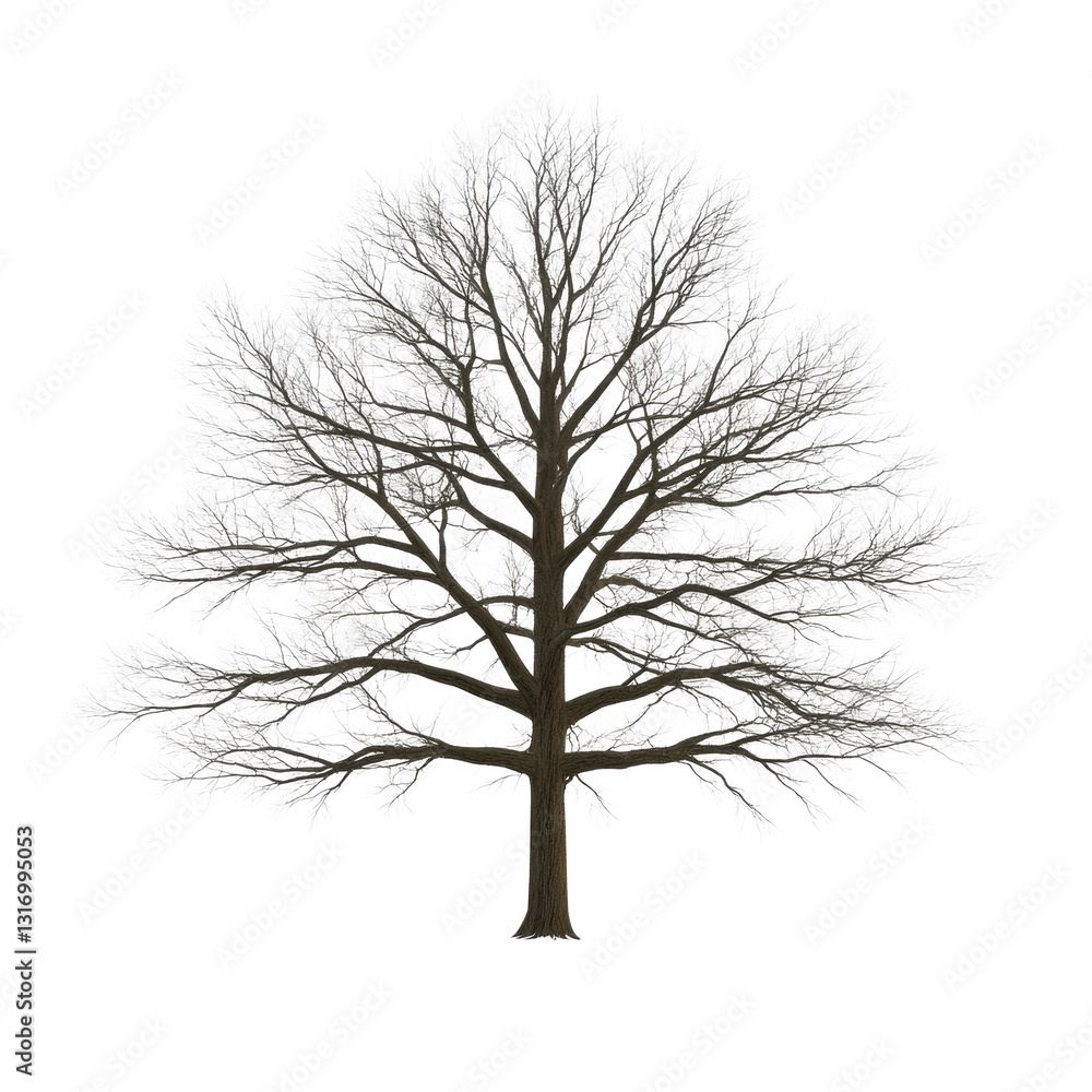 Fototapeta premium A large tree with no leaves is standing alone on a white background. The tree appears to be bare and lifeless, giving the image a somber and desolate mood