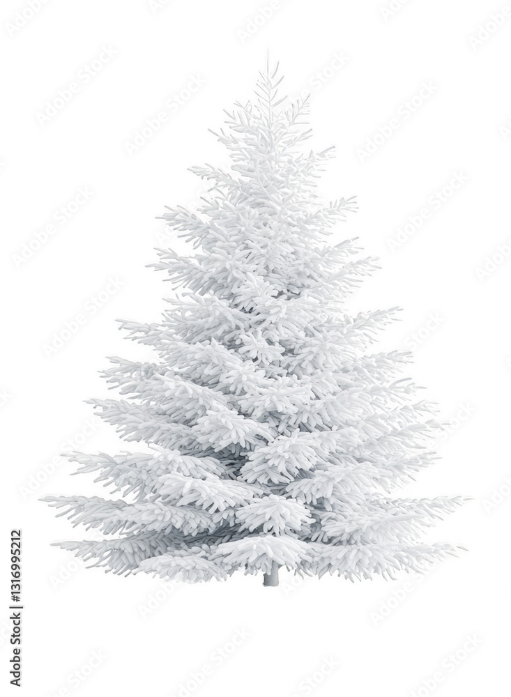 A white Christmas tree stands tall and proud on a white background. The tree is the focal point of the image, and its bright white color contrasts with the white background A white Christmas tree stands tall and proud on a white background. The tree is the focal point of the image, and its bright white color contrasts with the white background