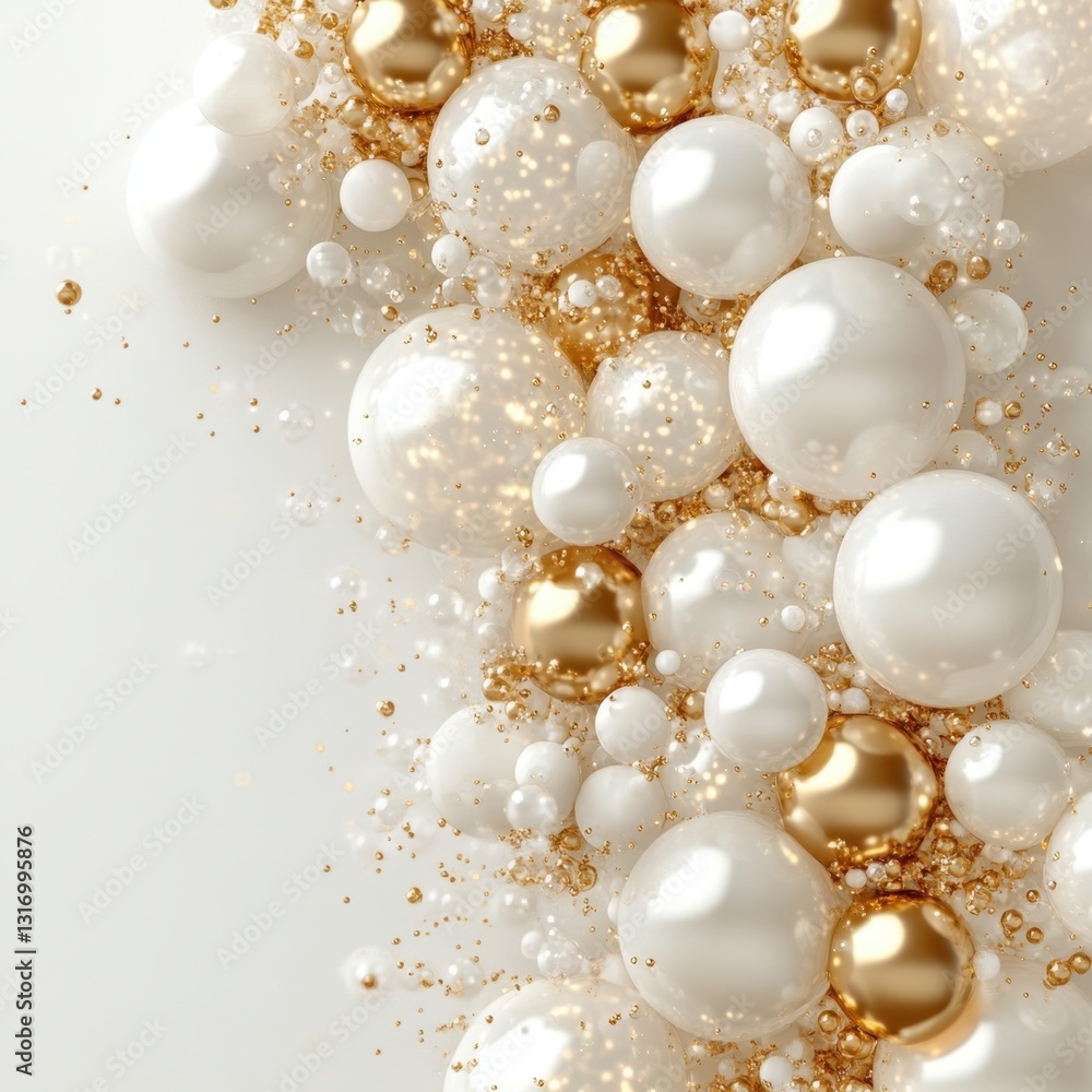 Elegant arrangement of white and gold spheres on a bright background creating a luxurious festive mood with soft lighting and a modern aesthetic Elegant arrangement of white and gold spheres on a bright background creating a luxurious festive mood with soft lighting and a modern aesthetic