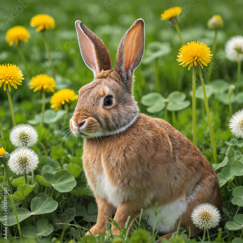 Adorable Brown Bunny Animal in a Field of Dandelions