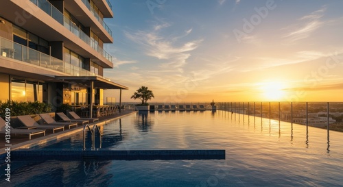 Wallpaper Mural Sunset view over a luxurious infinity pool at a modern building with lounge chairs and palm trees - images of pools with decks Torontodigital.ca