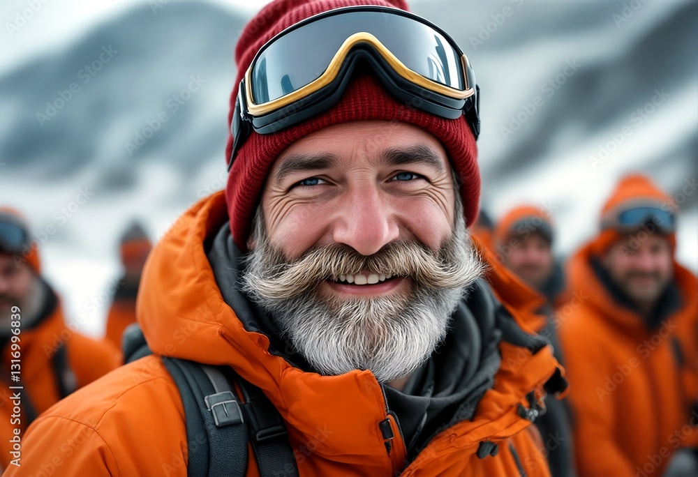 A group of middle-aged men with grey beards and hair wearing orange jackets and winter hats standing on a snowy mountain smiling at the camera. A group of middle-aged men with grey beards and hair wearing orange jackets and winter hats standing on a snowy mountain smiling at the camera.