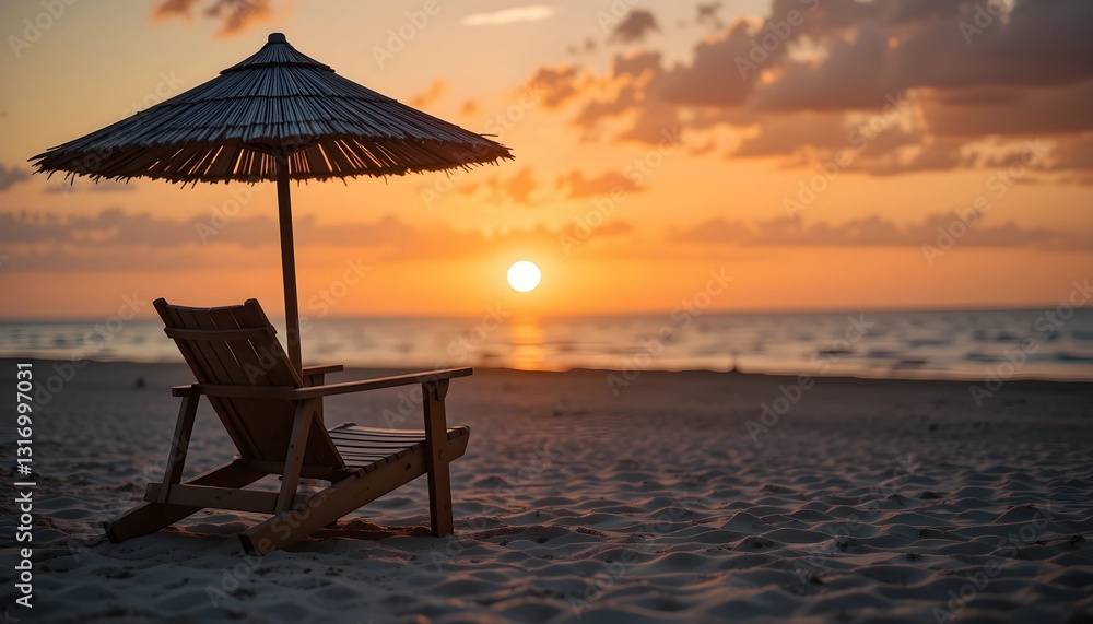 Semi-Close-Up of Wooden Chair and Umbrella on Beach at Sunset Semi-Close-Up of Wooden Chair and Umbrella on Beach at Sunset