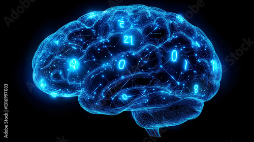 glowing digital brain with neon circuit lines in cybernetic background